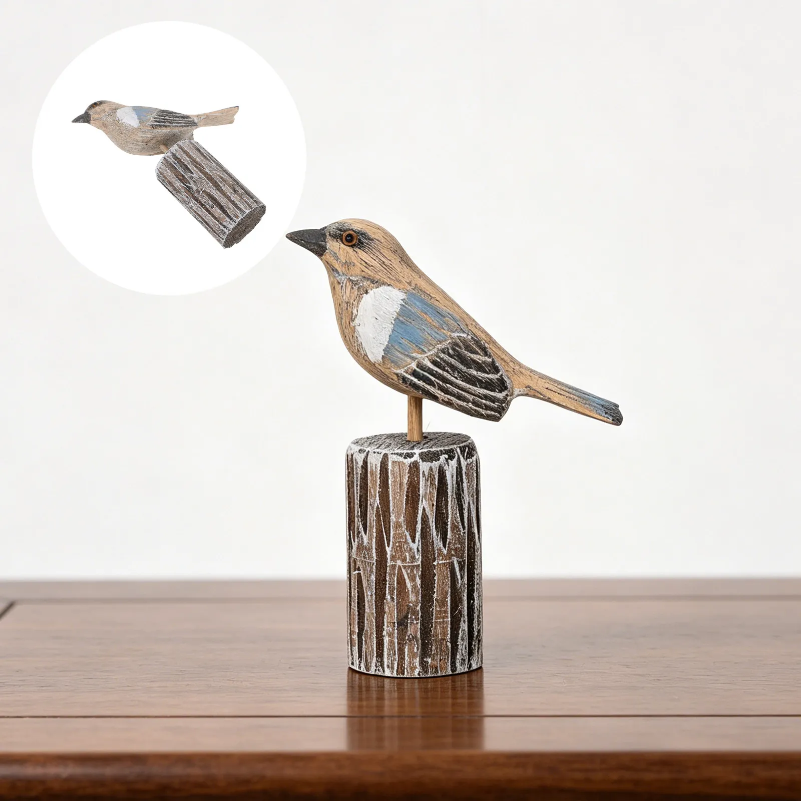 Wooden Sea Bird Stump Decor Natural Hand-Carved Coastal Bird Sculpture Standing Nautical Ocean Themed Home Ornament Shelf Mantle