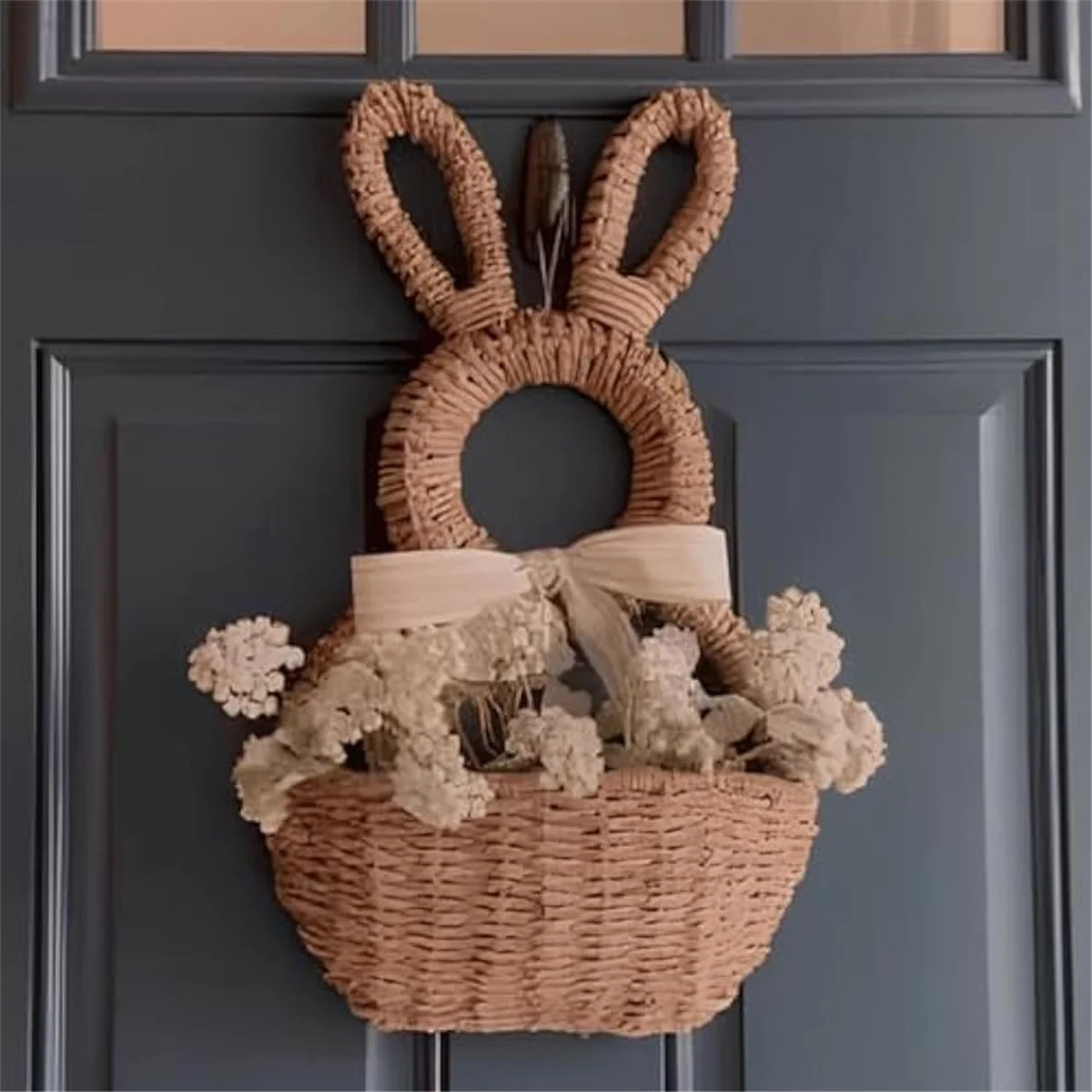A03R Bunny Basket Hanging Wall Pocket Spring Decor, Hand Woven Wicker Easter Bunny Basket Wall Pocket,for Decorations