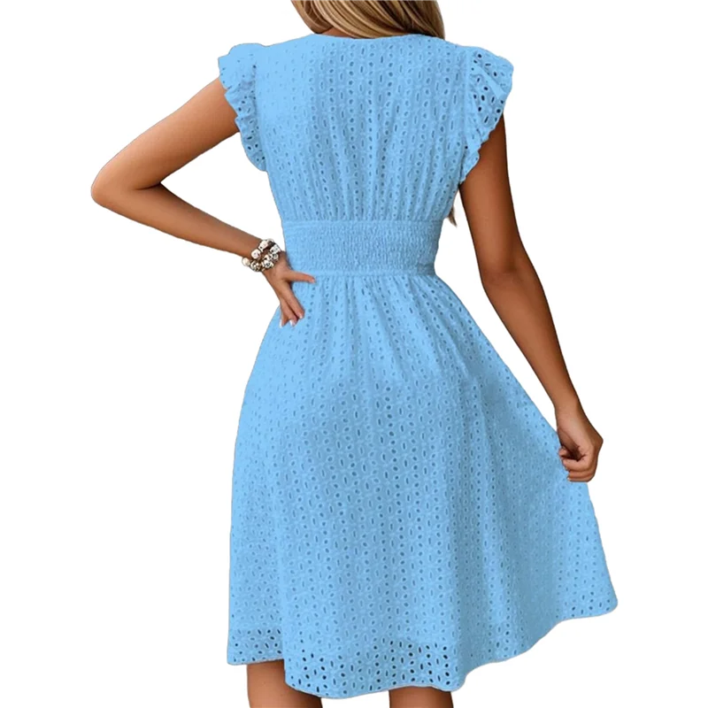 NUOVO-Donna 2025Eyelet Abito da festa in vita smock con ricamo in pizzo Manica svolazzante A Line Abito lungo midi da sole