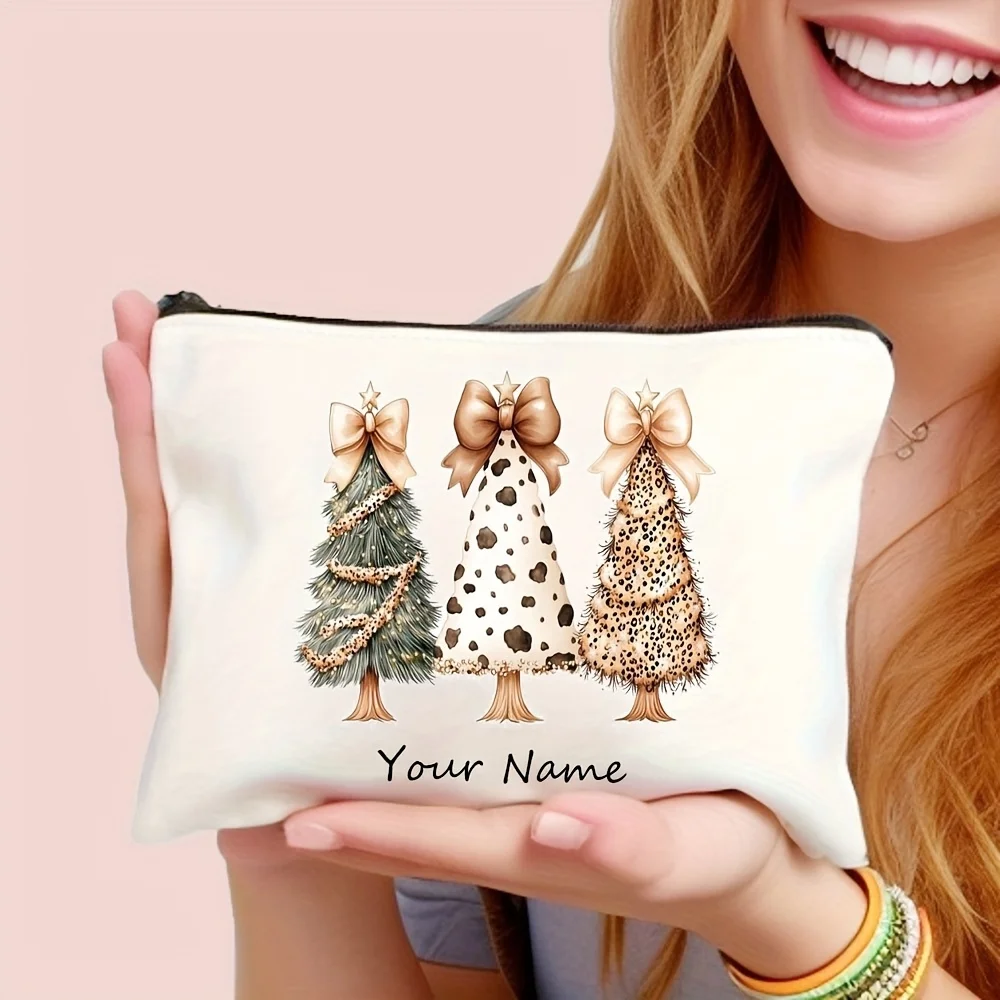 Personalized Name Leopard Christmas Tree Cosmetic Pouch Custom Print Women Travel Makeup Storage Zipper Bag Cute Xmas Gift