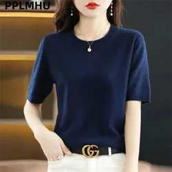 Camisetas de punto de gran tamaño para mujer, ropa de punto elegante e informal de verano, camiseta de manga corta, moda coreana, con cuello redondo Camiseta holgada, novedad