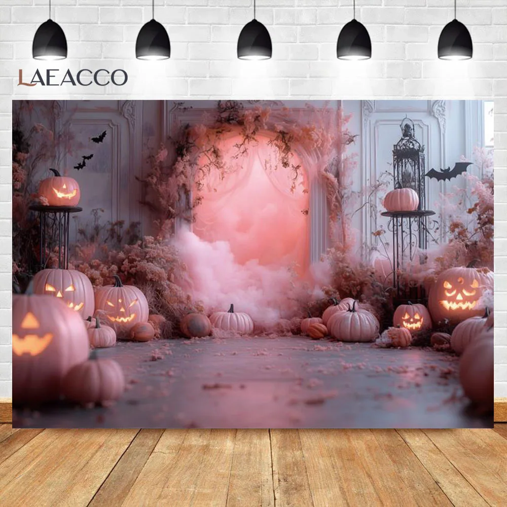 Pink Halloween Pumpkin Lantern Bat Photography Background Girls Birthday Party Cake Smash Portrait Decor Backdrop Photo Studio