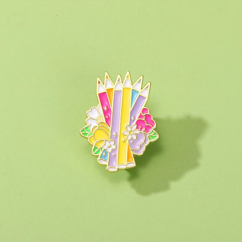 Cartoon Flowers Colored Pencil Enamel Brooch Art Drawing Daisies Tulip Pencil Crayon Metal Badge Clothing Bag Lapel Pin Jewelry