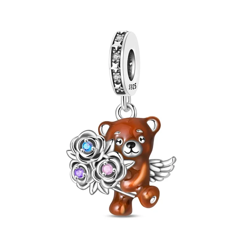 

925 Sterling Silver Rose Bear Charms Pendant For Women Fit Original Bracelet DIY Birthday Party Jewelry Gifts