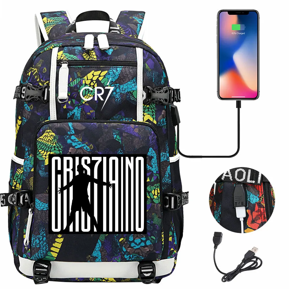 Mochila de camuflaje CR7 USB ligera para ordenador portátil, bolsa de viaje informal para jóvenes, bolsa de deporte al aire libre para adolescentes,