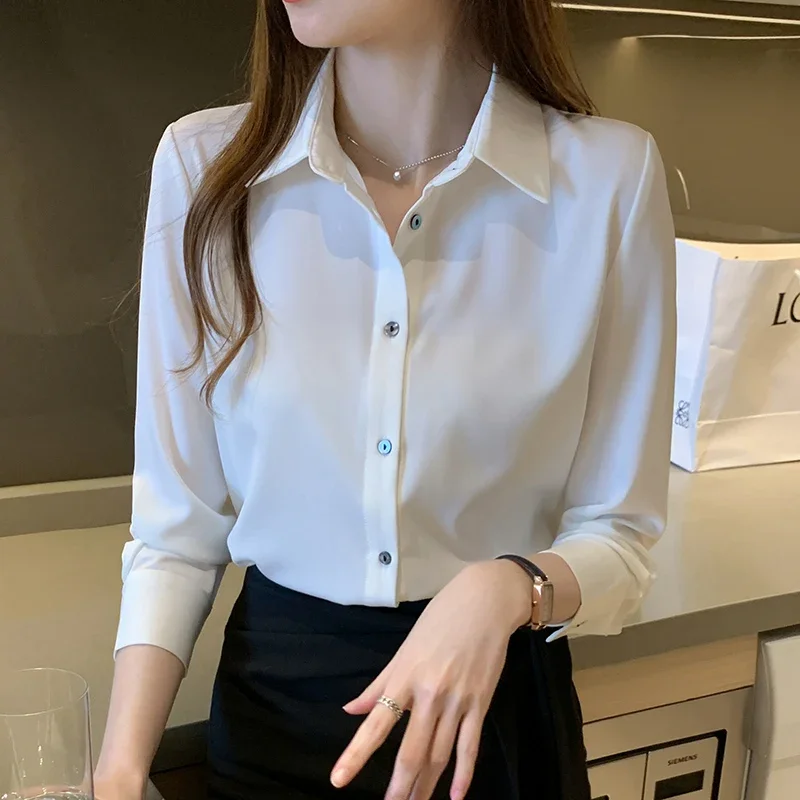 Lange Mouw Vrouwen Blouses Shirts Blouse Vrouwen 2024Turn Down Kraag Kantoor Witte Blouse Tops Chiffon Blouse Shirt Blusas D425