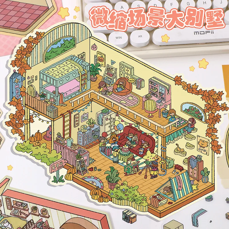 Plus Size Friend Party Landscape Sticker Panda and Cat DIY 3D Pocket Cabin Scene Stickers Gift for Kid Child