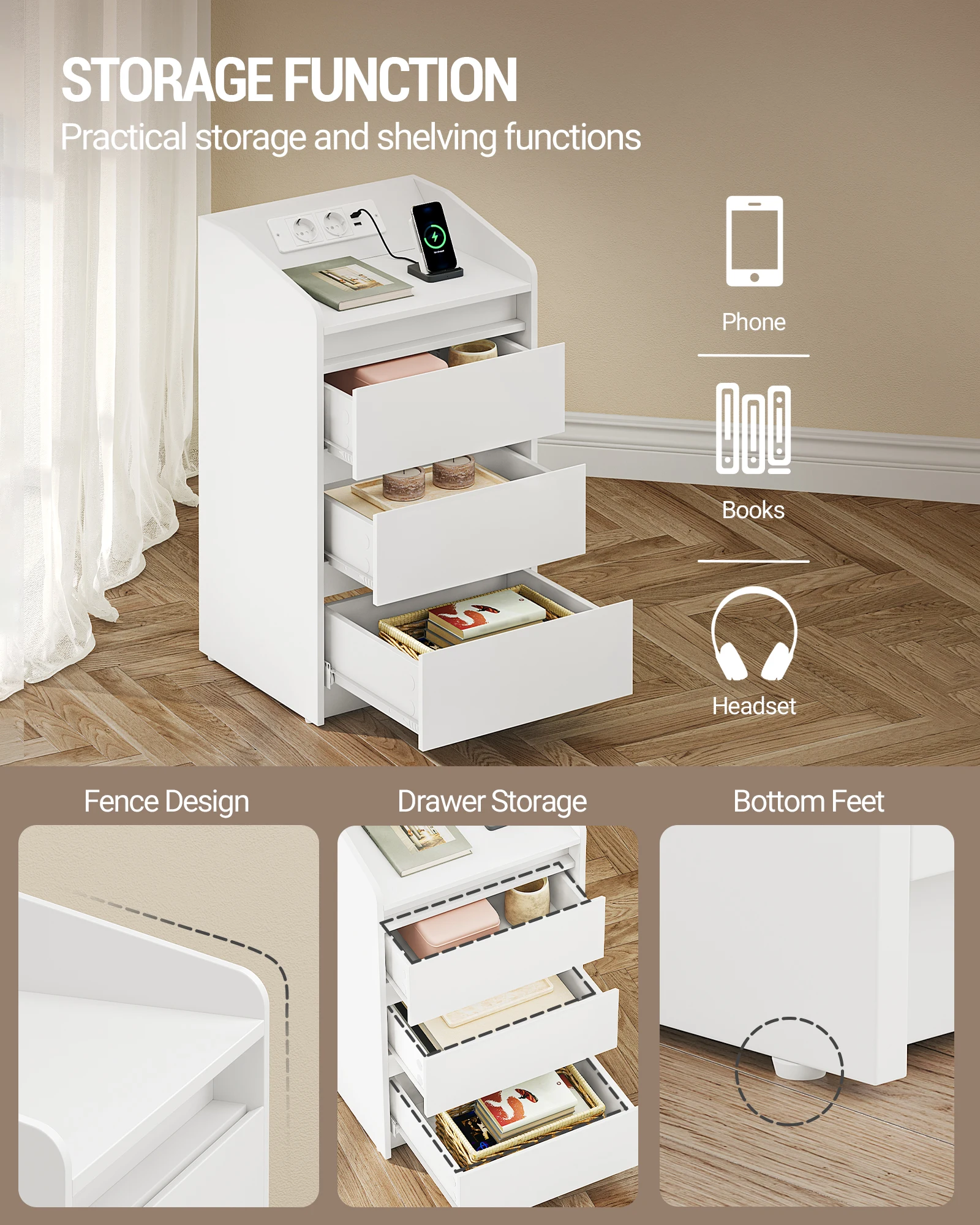 طاولة بجانب السرير مع 3 أدراج، طاولة جانبية مع قاعدة شحن وLED، 2 تيار متردد ومنفذي USB لغرفة النوم وغرفة المعيشة، أبيض #3