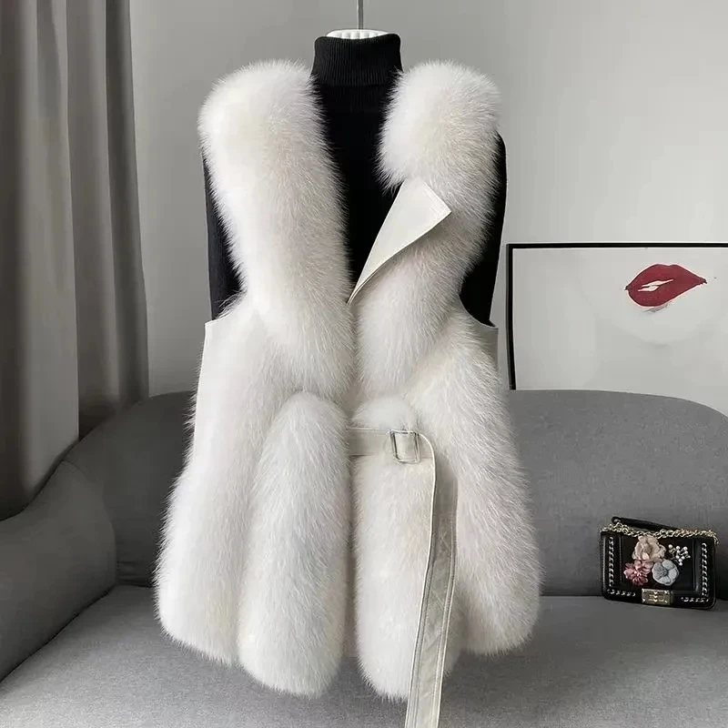 Gilet en fausse fourrure de renard avec ceinture pour femme, veste mince, veste chic, manteau en fausse fourrure, gilet à la mode, nouveau, 2024