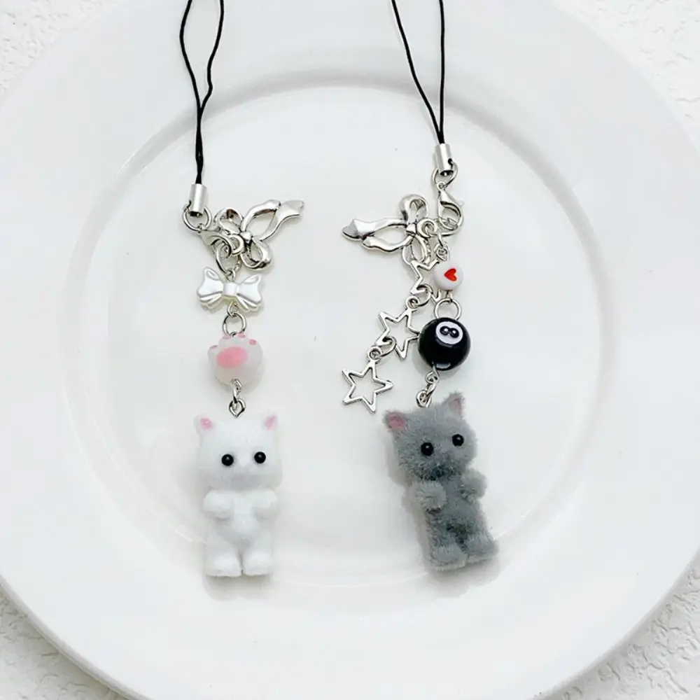 Flocking Flocking Cat Phone Lanyard Phone Strap Keychain 3D Kitten Mobile Phone Chain Korean Y2K Cat Cell Phone Charm