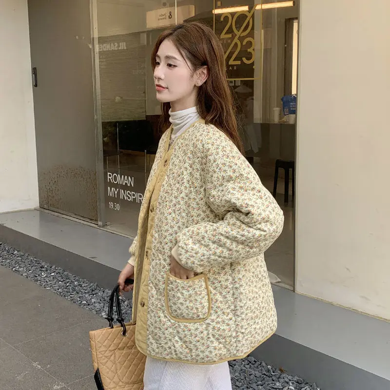 Vintage Yellow Cotton Coats Women Winter Fashion Floral Printed Loose Fleece Padded Jackets Korean Single Breasted Warm Outwear