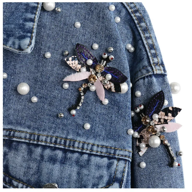 2025 Women's Korean Edition Loose Long Sleeve Short Coat Spring Autumn New Heavy Industry Five Dragonfly Nail Bead Denim Jacket