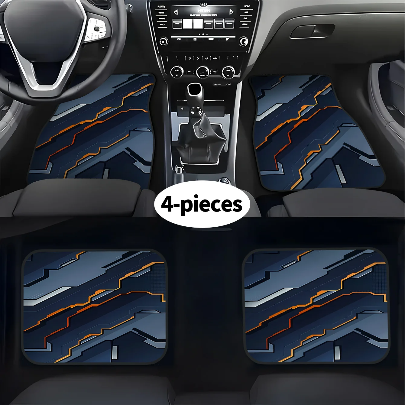 2D 4pcs Set Of Tech Geometric Pattern Car Mats, All-Season, Fashionable And Durable, Easy To Clean, Universal Fit For All Car Mo