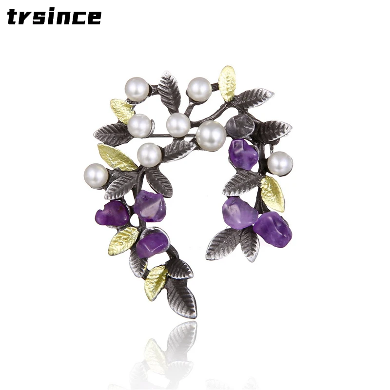 Trend Natural Stone Pearl Branches Brooch Fashion Alloy Painting Brooch High-end Customization Ladies Brooch