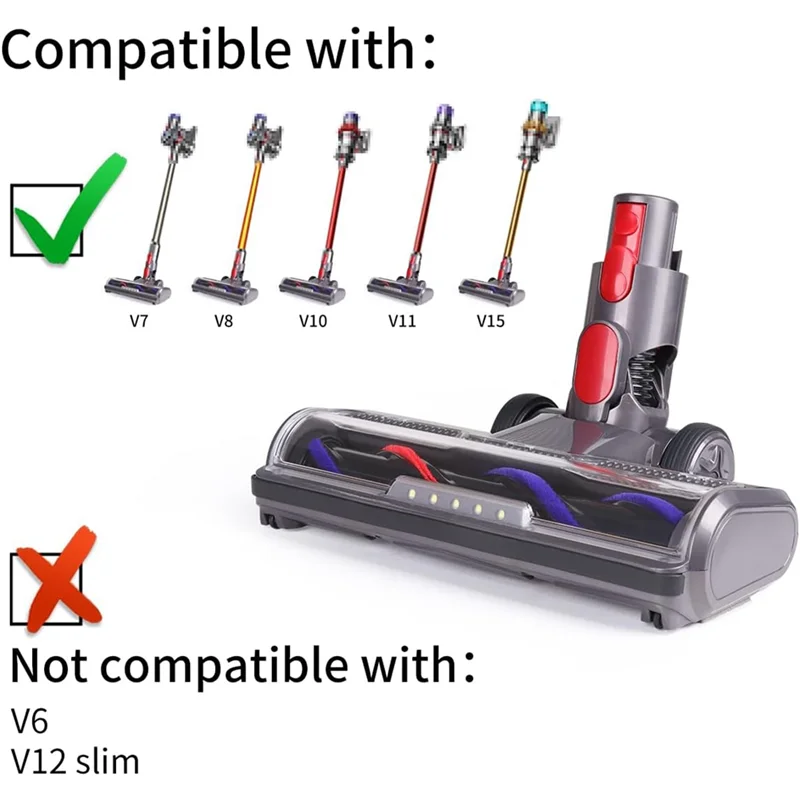 Cabeça estável para Dyson V7, V8, V10, V11, V15 Acessórios Escova de piso com acionamento direto e 5 luzes LED para pisos duros