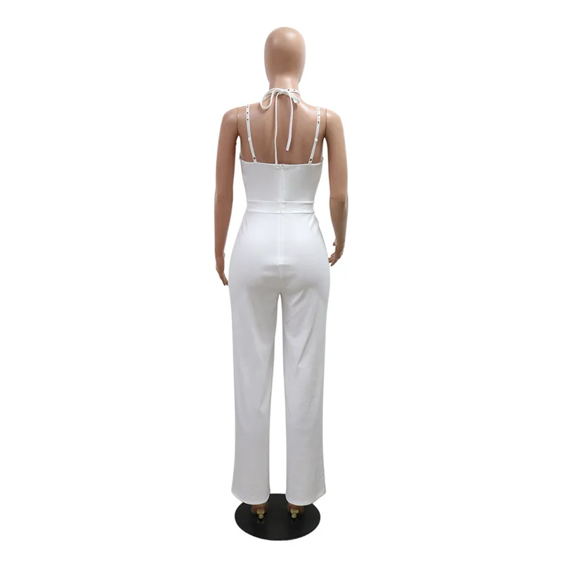 2024 New Fashion Women Sleeveless Lace Up Sexy Loose Wide Leg Jumpsuits White Straight Rhinestone Party Club Jumpsuit Rompers