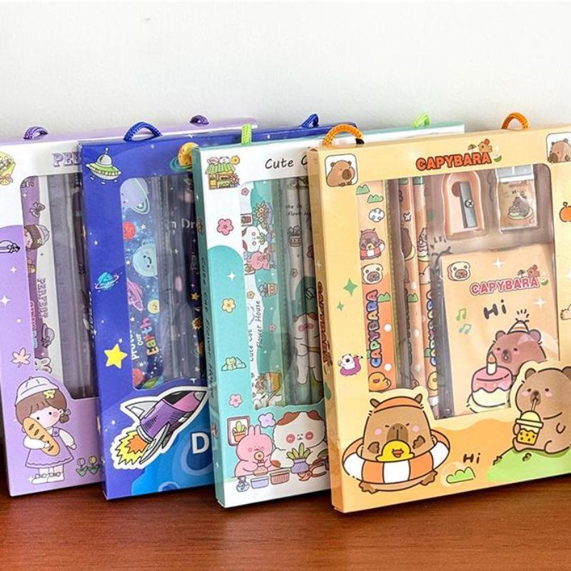 6Pcs/Set Cute Cartoon Capybara Pencil Stationery Set Kawaii Eraser Pencil Sharpener Children Student Stationery Supplies