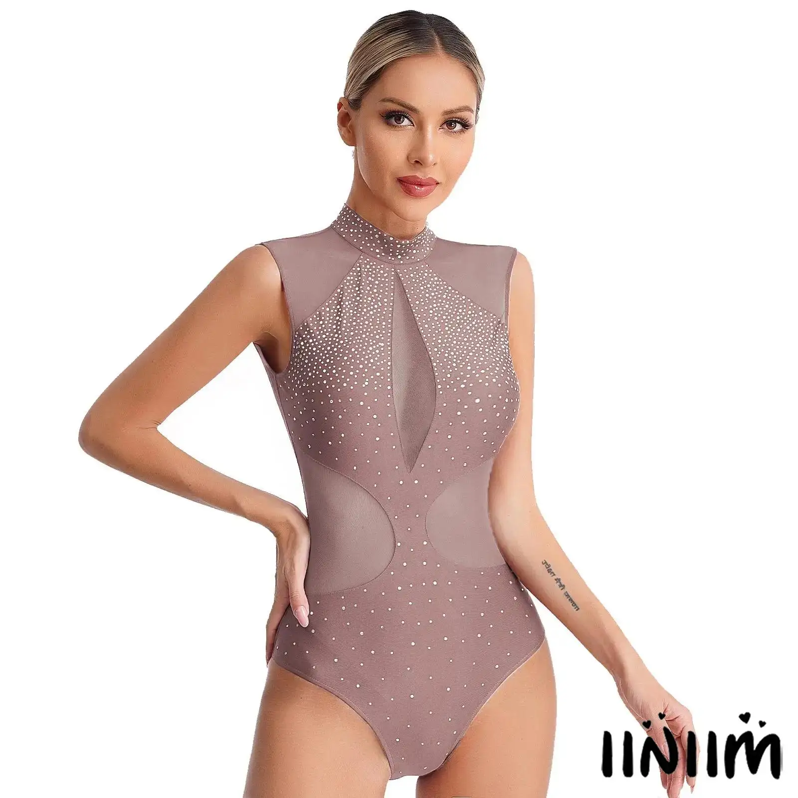 

Women's Sleeveless Mesh Gymnastics Leotard Rhinestones Cutout Back Mock Neck Press Button for Rhythmic Figure Skating Dancing