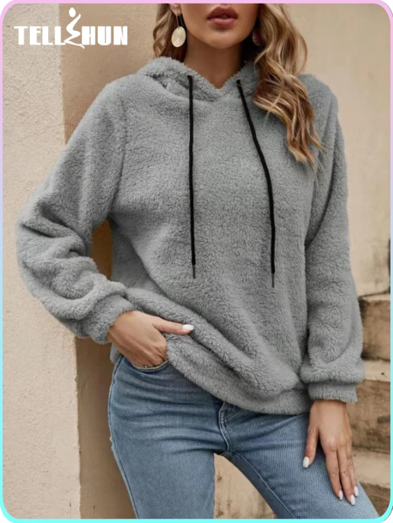 

Autumn and Winter Plush Long-Sleeved Pullover Basic Hooded Casual Street Sweatshirt Women's solid Warm coat Tops