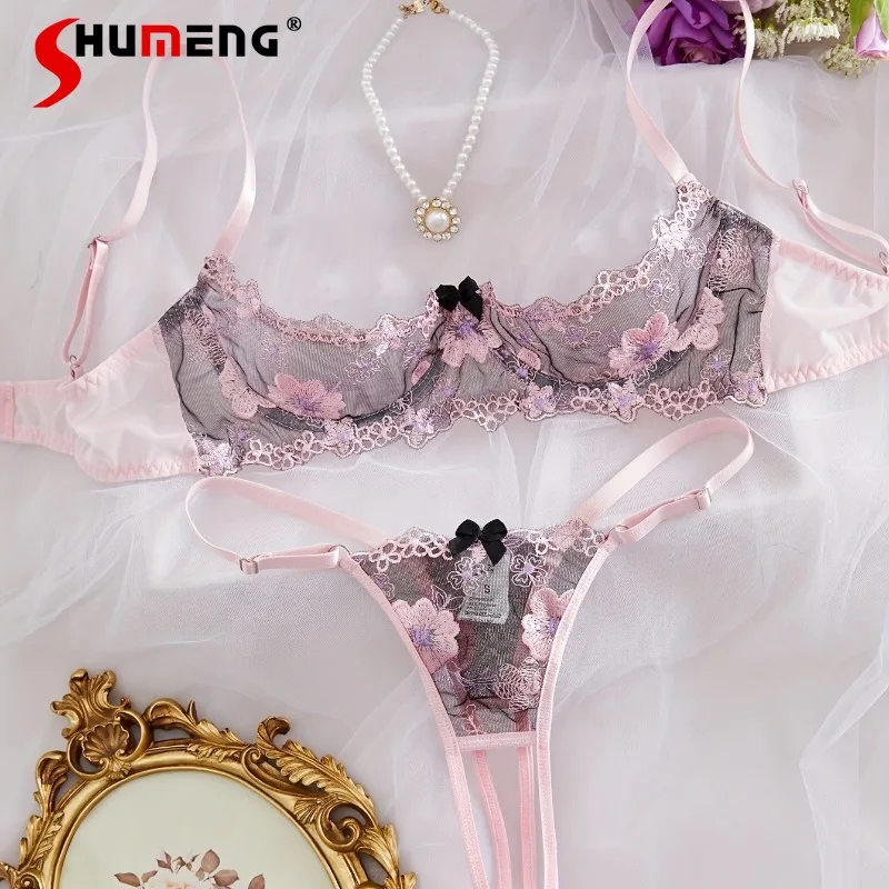 

French Style Pink Sexy Brief Sets Women Embroidered Sweet Bra Half Cup Intimates Female Comfortable Push Up Bra Set