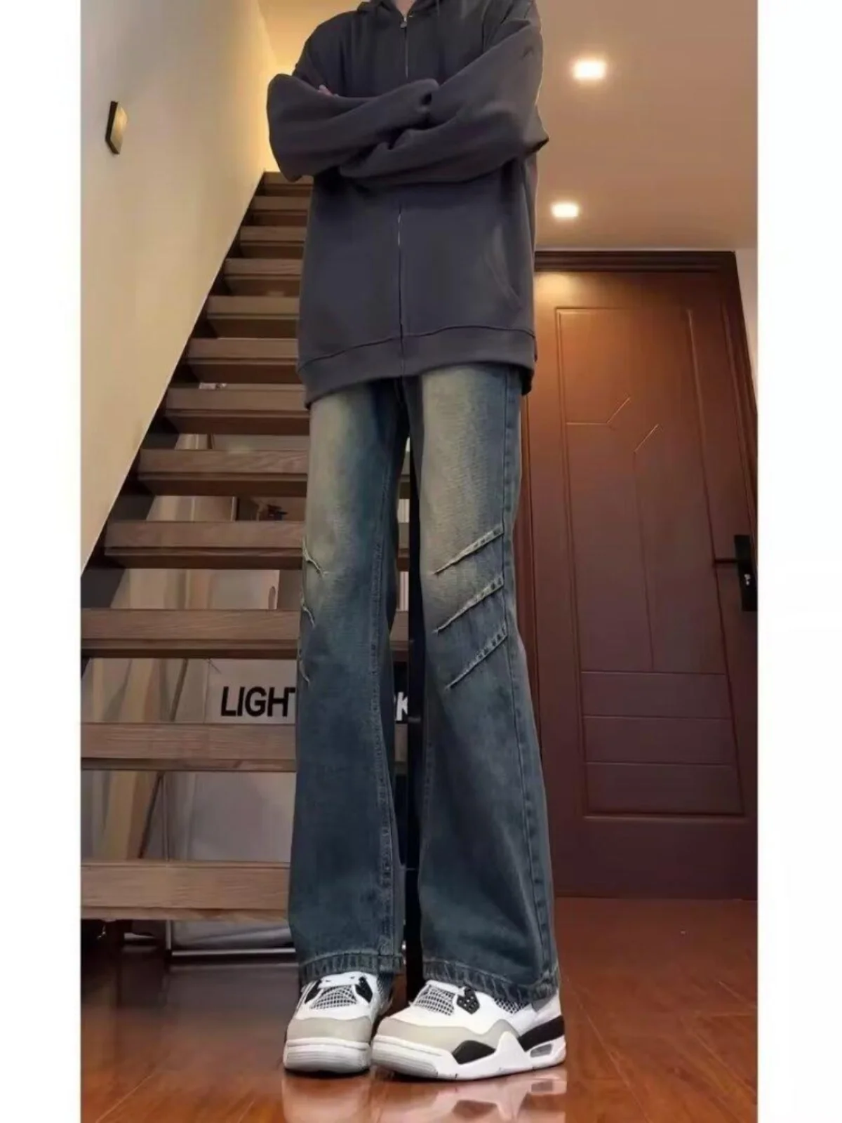 

Мужские джинсы в стиле ретро, с высокой талией, прямые, с легким расклешением, износостойкие, для молодежного повседневного образа