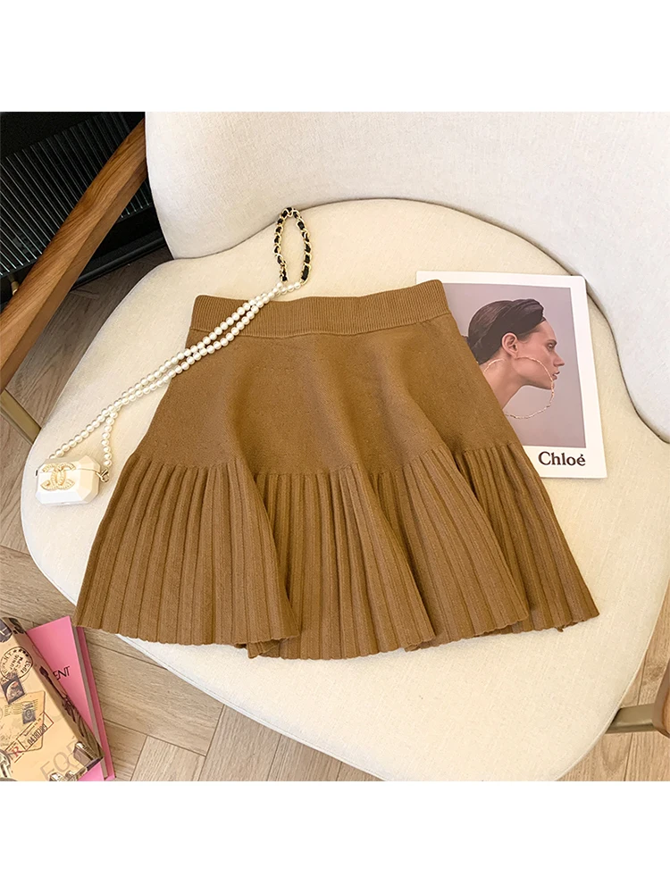 Summer Women Korean Fashion Cute Core Mini Solid Color Knit Pleated Skirt Gyaru 2000s Aesthetic A-line Retro Kpop Vintage Tide