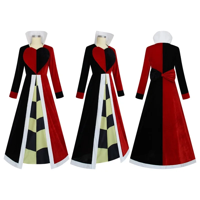Anime Alice Cosplay Costume Hearts Queen Cos Outfits Long Gown Red Black Heart Print European Court Dress for Halloween Party