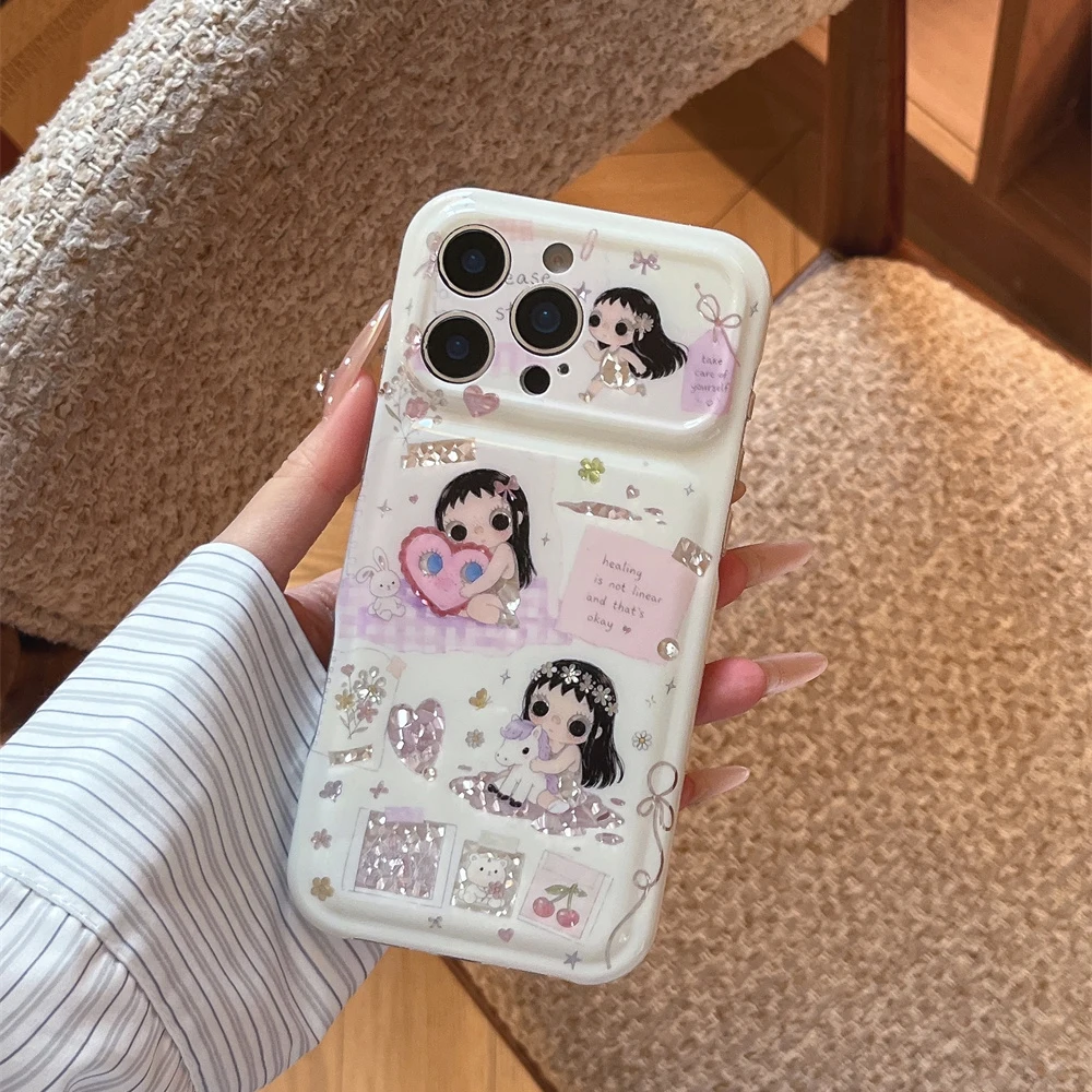 Korea Fashion Ins Cartoon Glitter Girl Phone Case For iPhone 18 Pro 17 16 15 Pro Max Cover Shockproof Cute Cases 18Promax