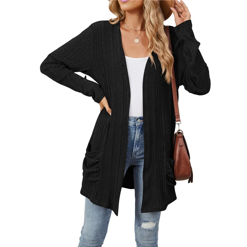 

A83F-Women's Long Sleeve Cardigan Solid Color Ribbed Brushed Cardigan Open Front With Pockets
