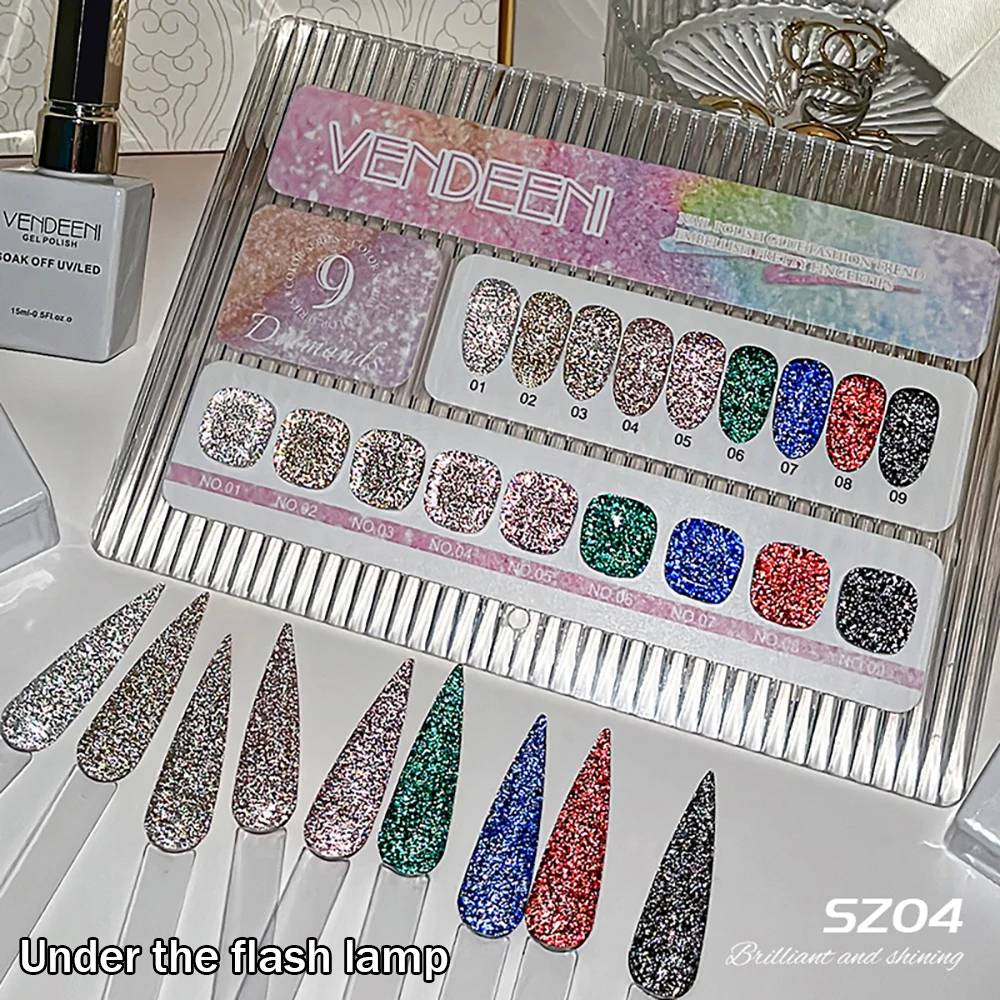 Vendeeni 9 Farben/Set Glitzer-Broken-Diamond-Gel-Nagellack TPO FREE Schwarz Gold Silber Flash UV LED Gel-Lack mit Display – Detail 7