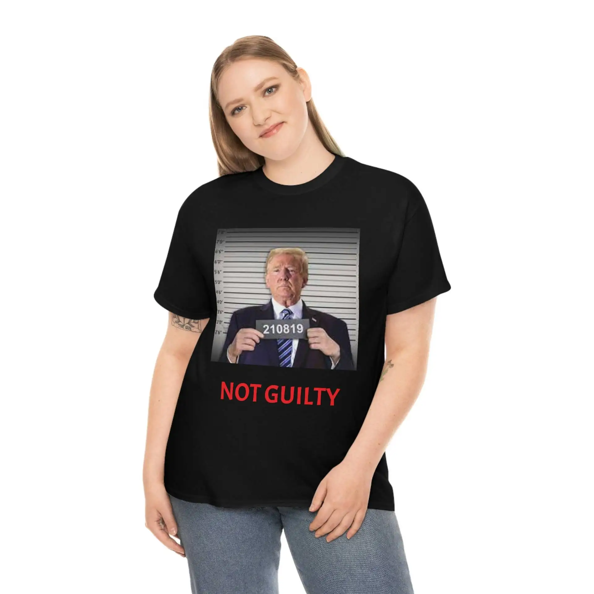 Donald J Trump Not Guilty Mugshot Funny Print Unisex Tee Round Neck Short Sleeve Trendy T-shirt XS-3XL