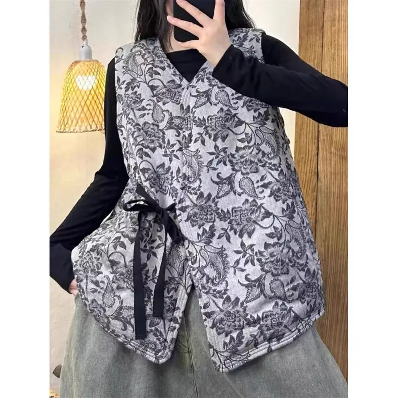 2024 Winter Versatile Chinese Style Women's Wear Button Slant Hemp Jacquard Cotton Jacket Sleeveless Waistcoat Quilted Tops a567