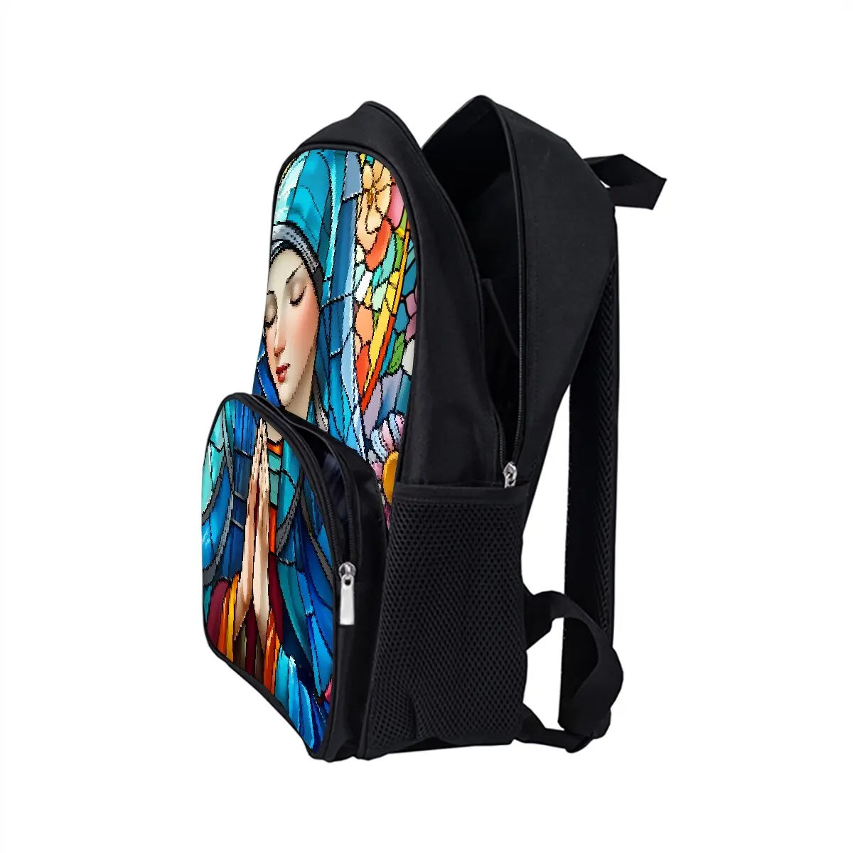 حقيبة ظهر مدرسية مطبوعة من مريم العذراء للبنين/الفتيات أفضل هدية مقاومة للماء ثلاثية الأبعاد حقيبة جيب أمامية مستديرة كرتونية للأطفال