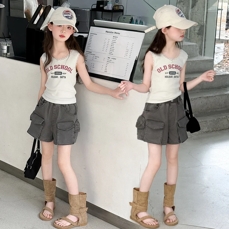 

Children Clothes Cool Girl Summer Vintage Letter Print Sleeveless Tank Top And Grey Cargo Denim Shorts Fashion Street Wear 2026