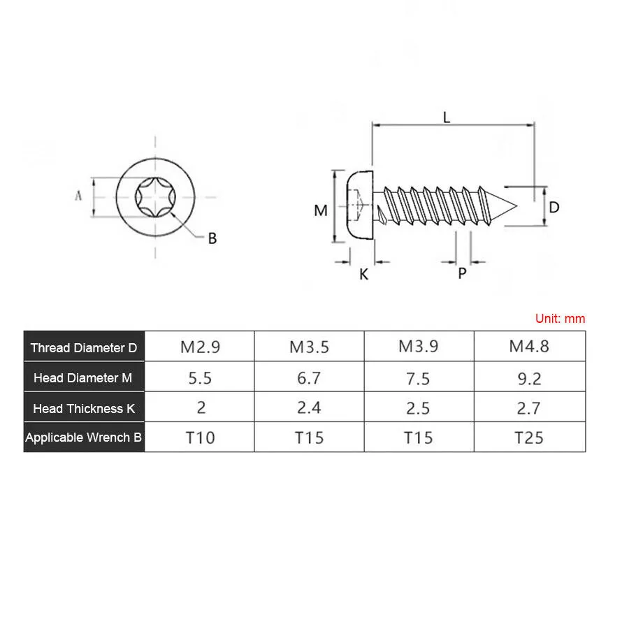 Torx Round Head Self Tapping Screw 304Stainless Steel M2.9-M4.8 SUS304 Six Lobe    with Pin Security Wood