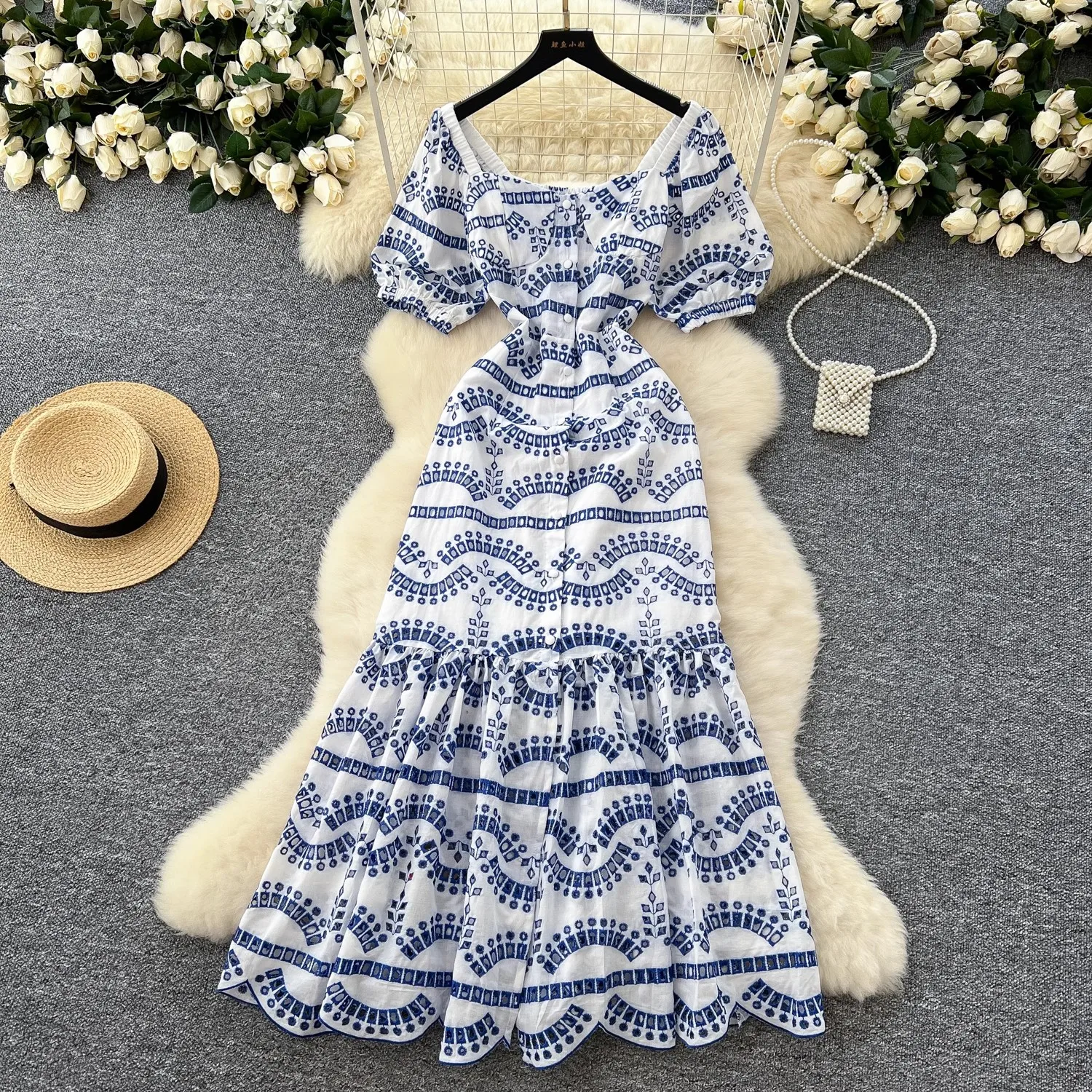 

Summer Holiday Hollow Out Embroidery Mermaid Dress Women Sexy Square Collar Stretch Back Cotton Ruffles Long Beach Vestidos