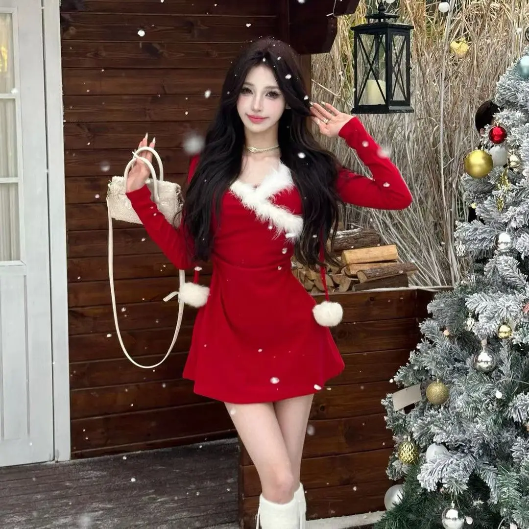 

Christmas Series Furry Splicing Hooded Knitted Dress Women Autumn Winter Waist Design Temperament Slim Hip-Hugging Short Skirt