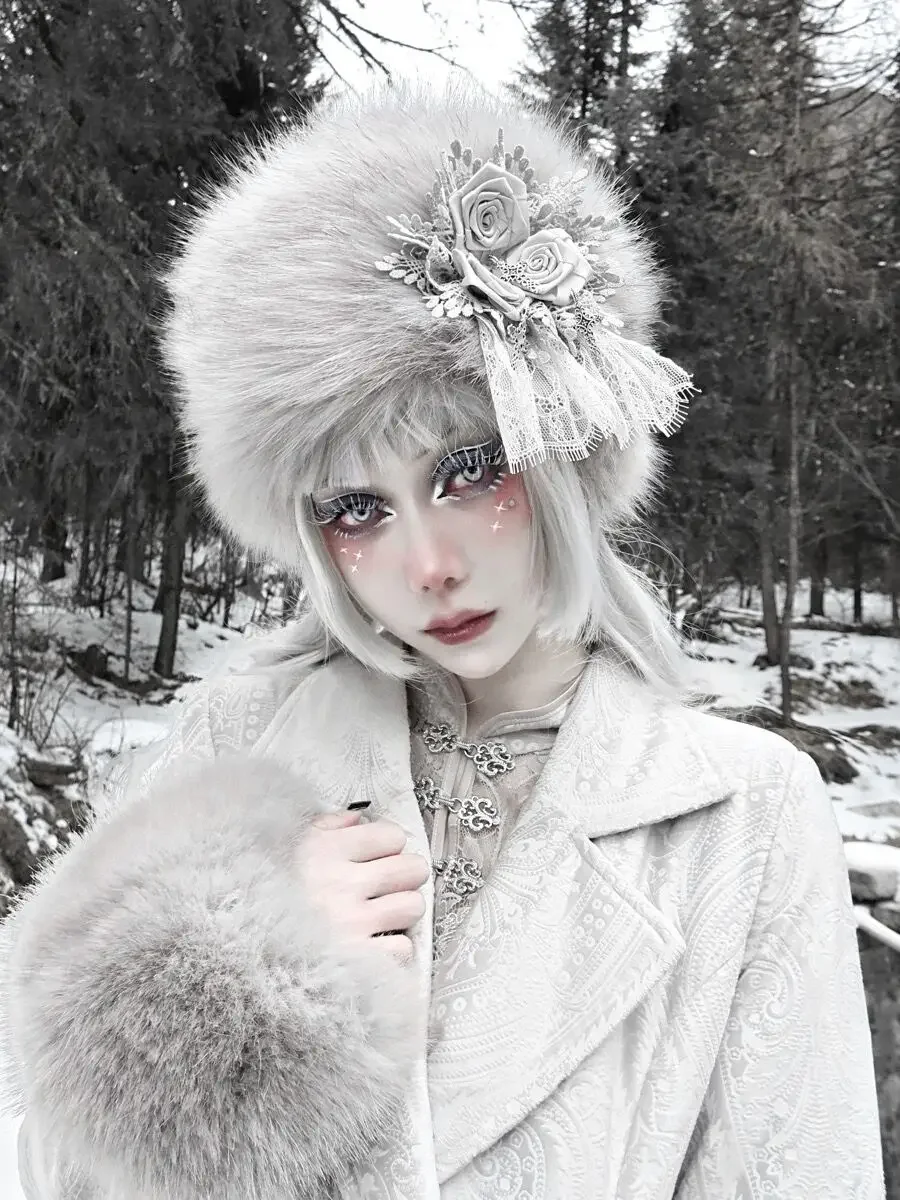 

Original Gothic Environmental Fox Fur Kuban Hat Lace Rose Decoration Furry Hat Headdress Grey Winter Cubo Hats