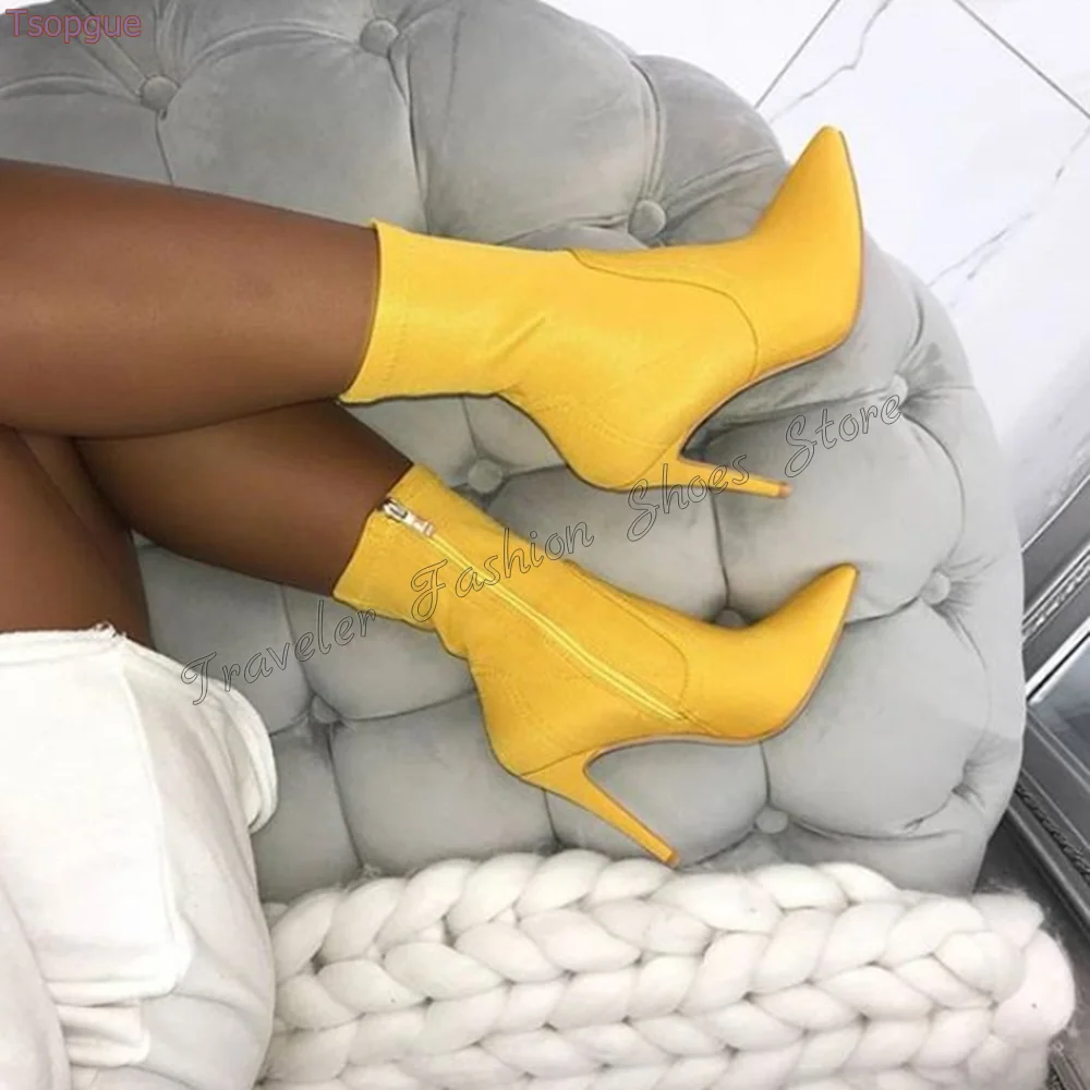 Yellow Side Zipper Pointed Toe Boots Stilettos High Heels Mid Calf High Heel Shoes for Women Heels 2024 New Zapatos Para Mujere