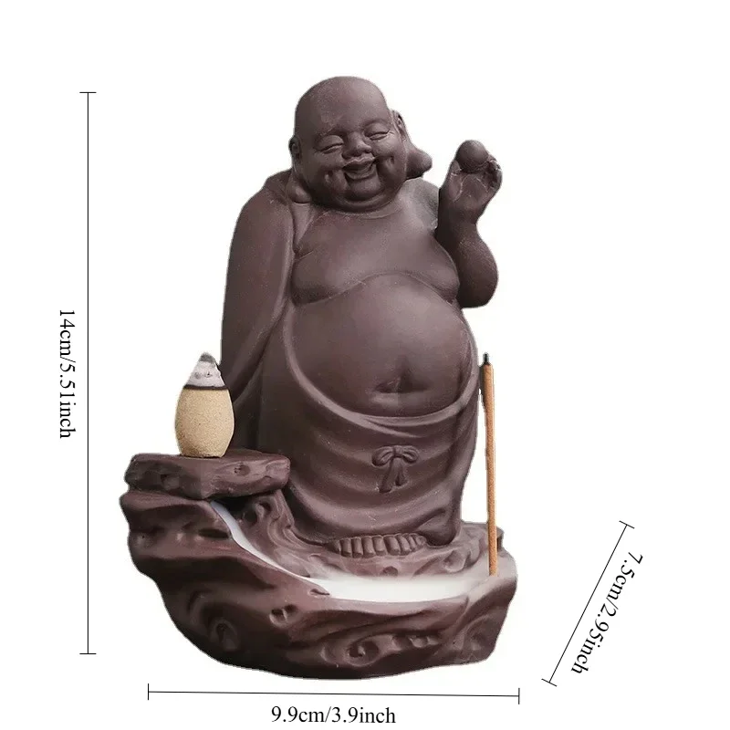 1pc Maitreya Buddha Lucky Home Ornaments Purple Clay Backflow Incense Burner Incense Stick Holder Censer (Without Incense)