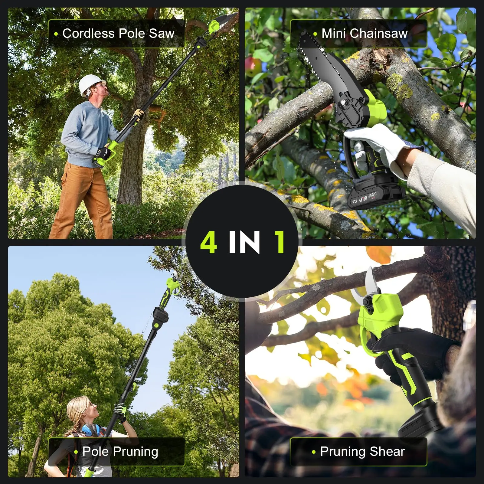 4 in 1 Cordless Pole Pruning Shears Chain Saw Set Handheld Trimmer High & Low Tree Branch Cutting Trimming Pruning