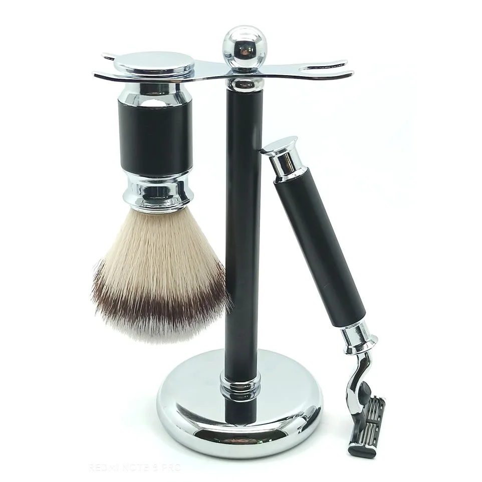 Premium Men's Shaving Kit - Stainless Steel Razor, Brush, and Stand Set for a Smooth Shave