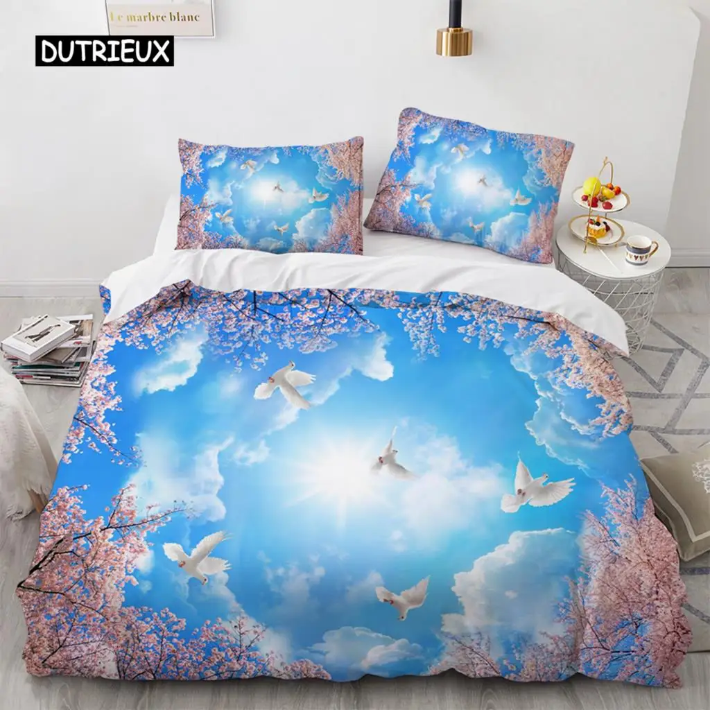 

Blue Sky King Queen Duvet Cover Pink Flowers White Flying Bird Bedding Set for Kids Teens Adults 3d Natural Scenery Quilt Cover