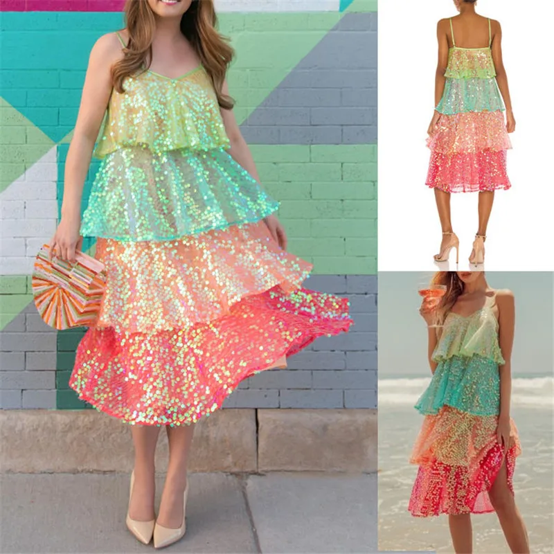 

Fashionable Sexy Internet Celebrity Multi-color Colorful Dress for Women Sequin Beads Irregular Dress