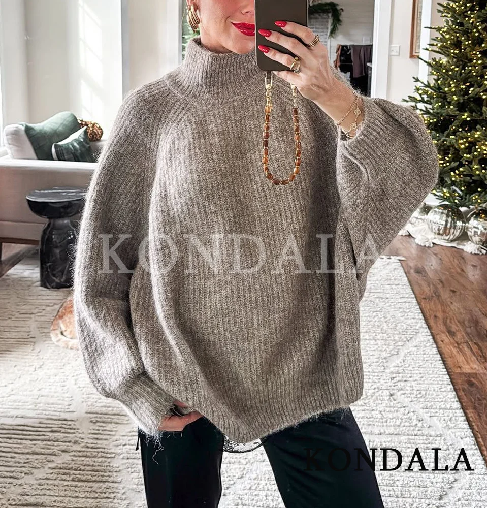 

KONDALA Fall Winter Loose Casual Sweater Women Half Turtleneck Knitted Pullover 2025 Fashion Elegant Versatile Female Sweater