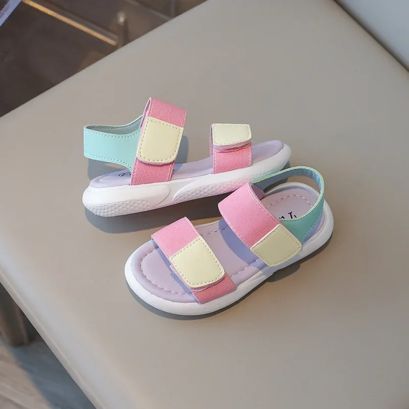 Girls Sports Sandals Mixed-color Decoration Soft Bottom Non-slip Pink Comfortable PU Upper Open Toe Non-slip Fashion Kids Shoes