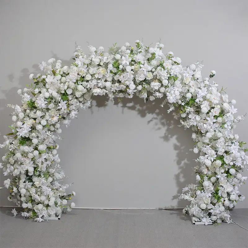 

3D custom series white and green rose full Star artificial mixed flower square shape low arch wedding banquet decoration layout