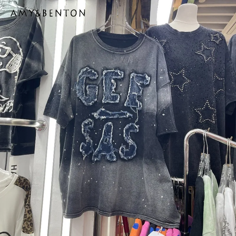 

Fashion Heavy Industry Patch Embroider O-neck Short Sleeves T-shirt Loose Medium Long Oversized Tees Women's Summer New Tshirts