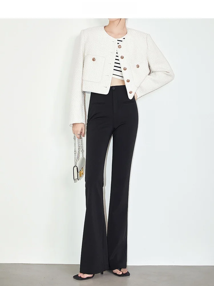 Women's Black Slim Fit Flared Pants New Office Style High Drape Premium Roman Fabric Flared Suit Trousers