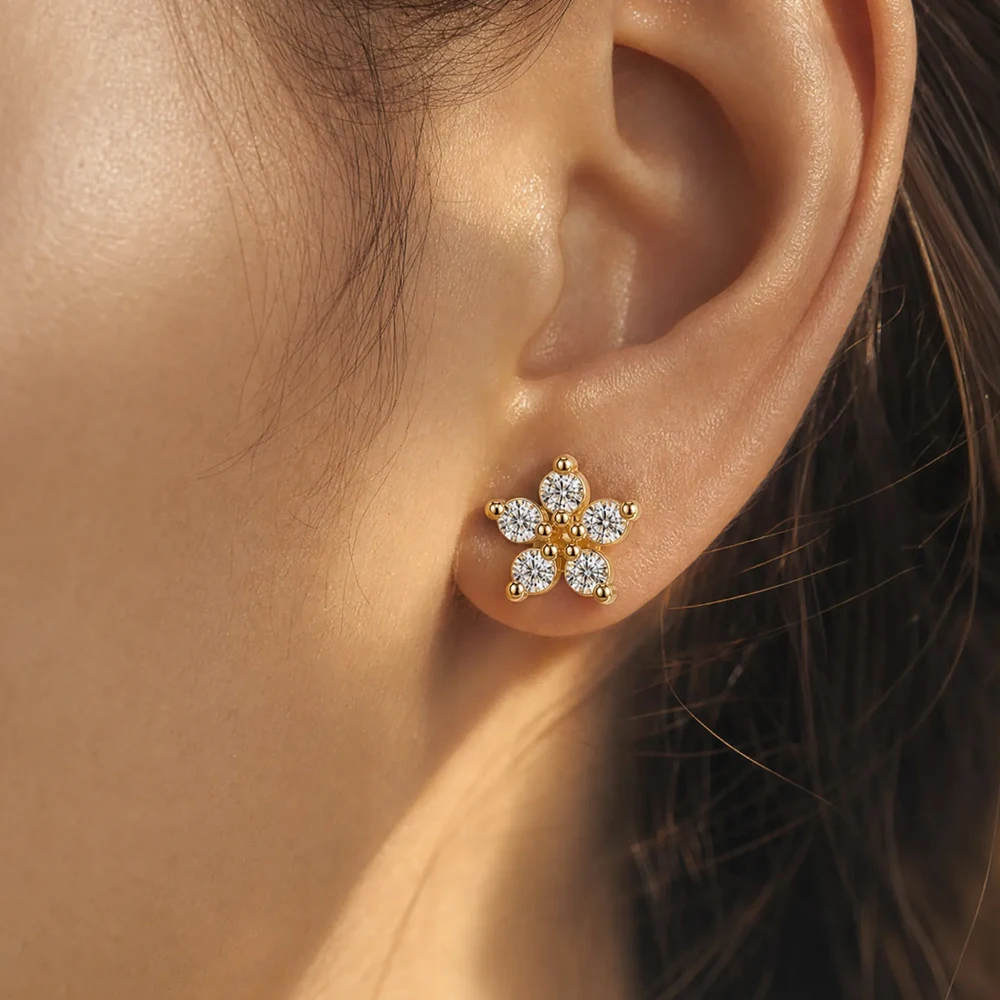 Luxury CZ Zircon Flower Piercing Stud Earrings for Women Fashion Gold Color Stackable Small Earring Trendy Anti Allergic Jewelry